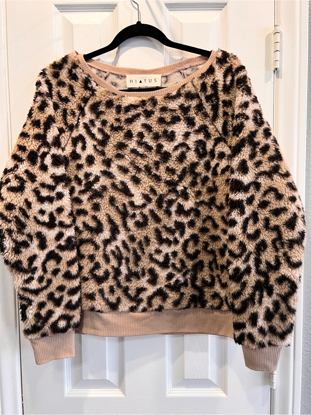 HIATUS Animal Print Teddy Crewneck Sweatshirt Brown Cheetah Fleece Medium